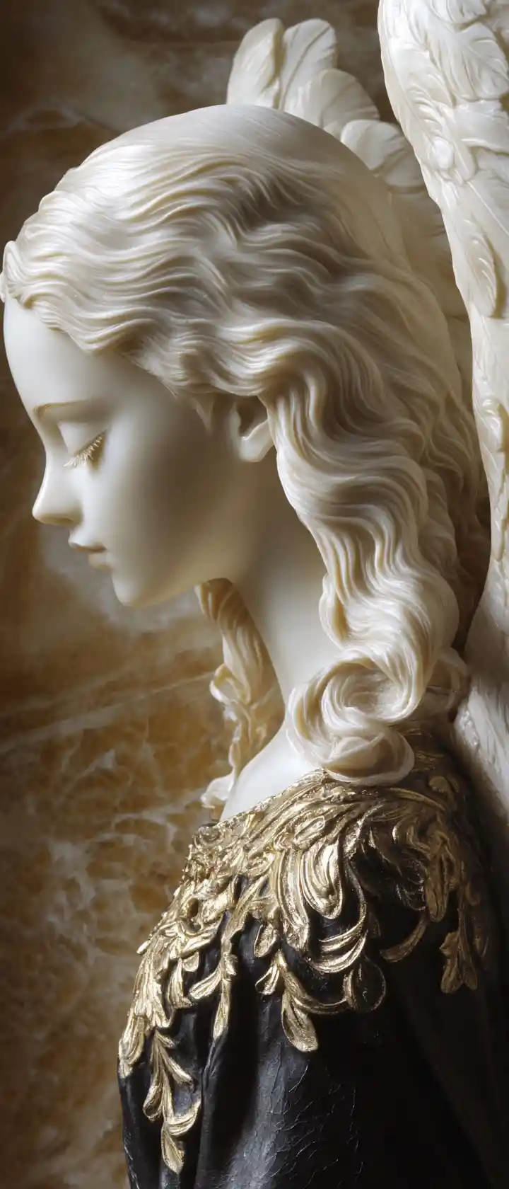 Baroque angelic portrait in golden and black wax