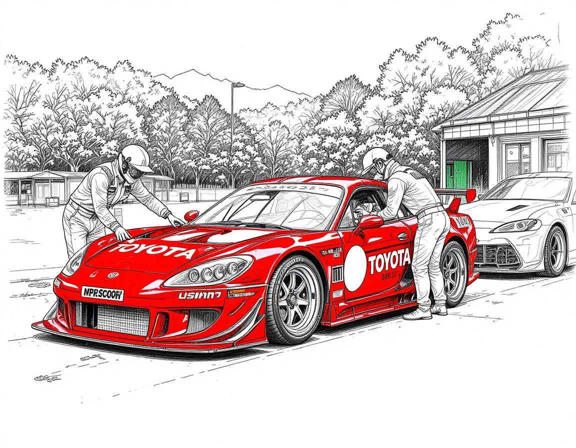 屋外サーキットで赤いレーシングカーを整備するメカニック