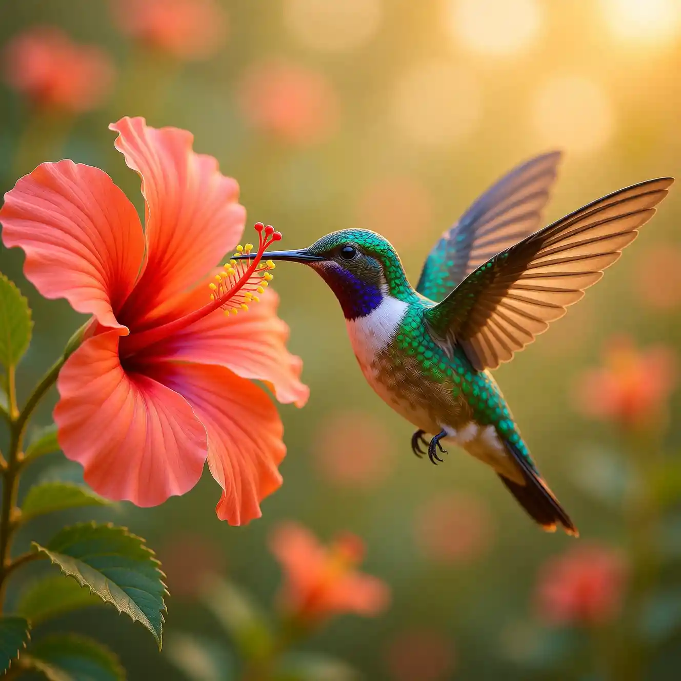 Colibri irisé sirotant le nectar d’un hibiscus corail