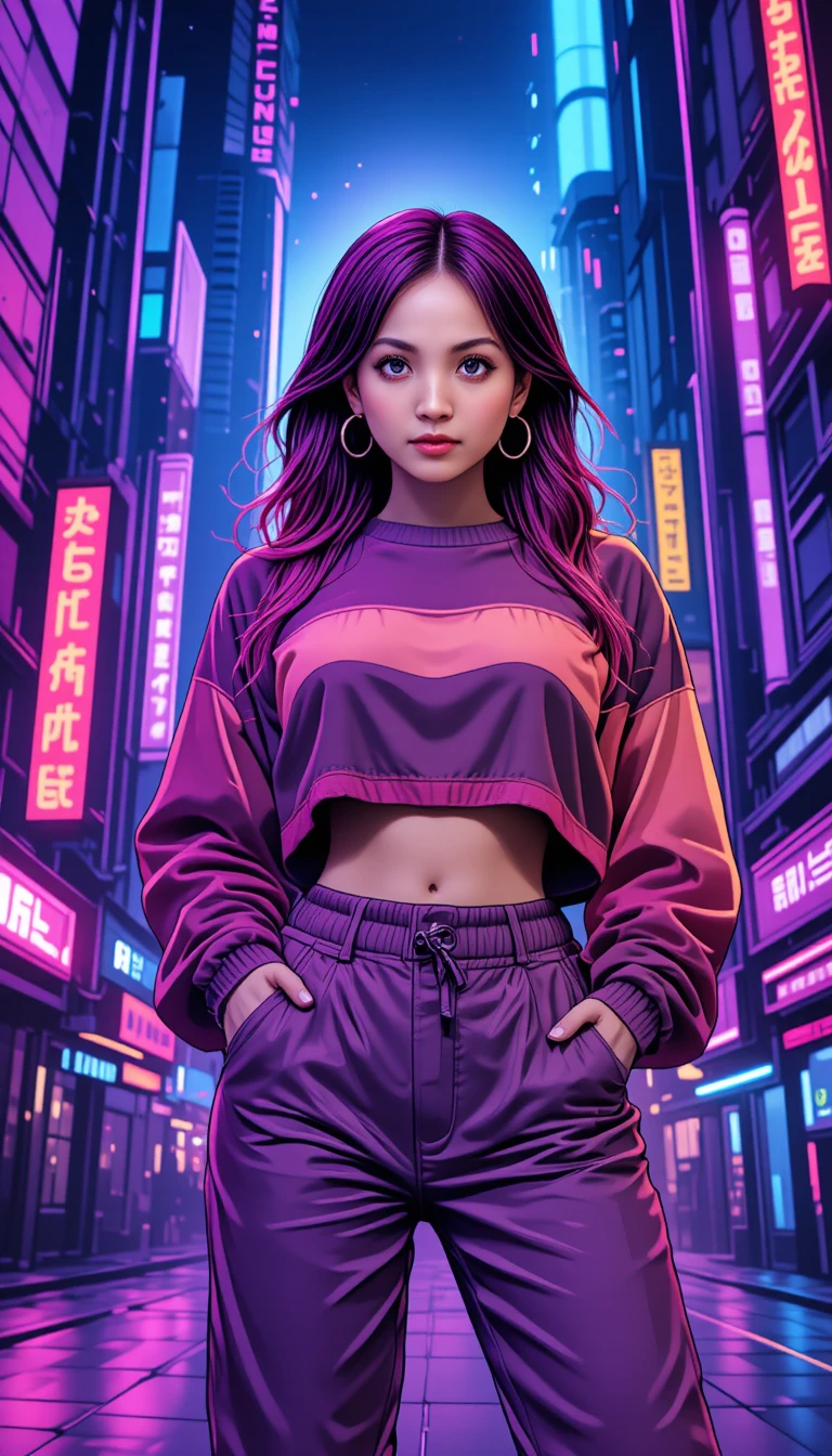 Femme aux cheveux roses et pleine d’assurance dans une ville futuriste néon