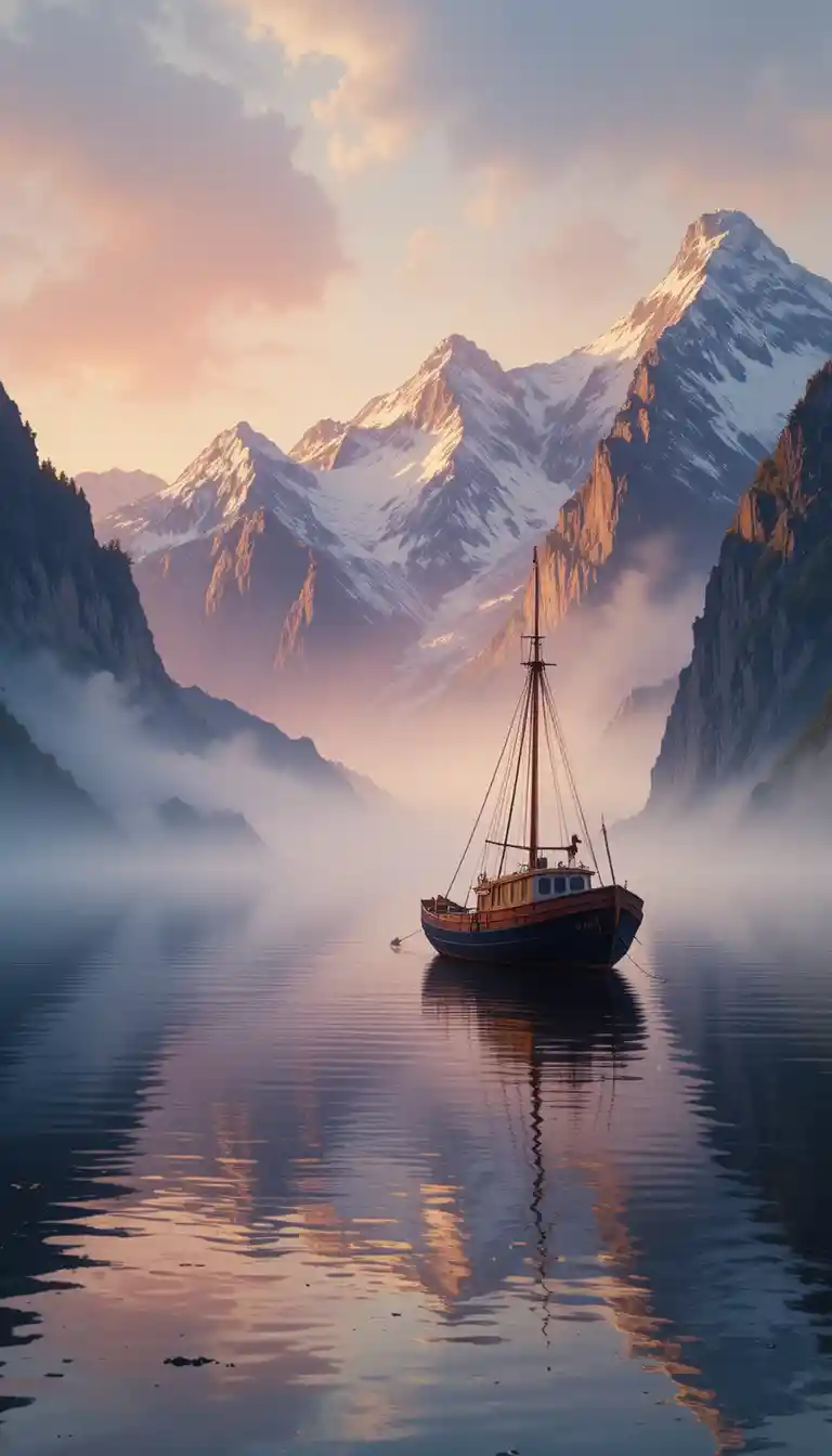 Barco de pesca ao pôr do sol em um fiorde calmo e enevoado
