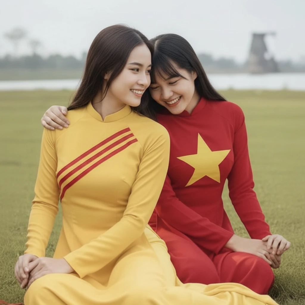 Two young sisters sitting together on a riverside field