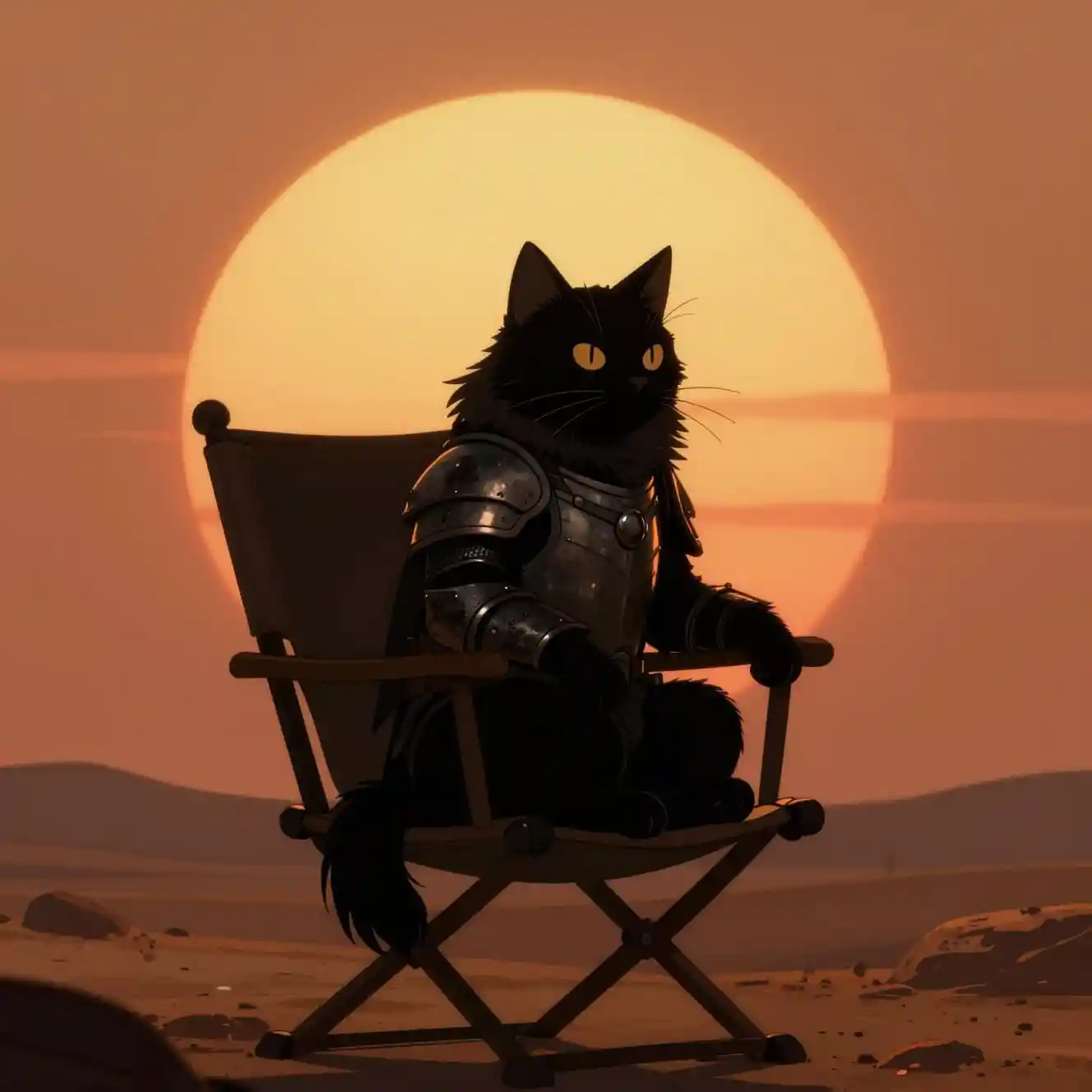Armored anime cat resting on a chair at sunset