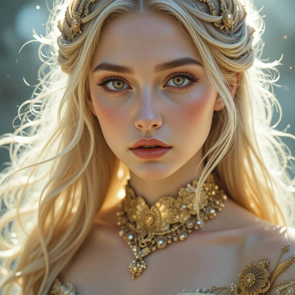 Ethereal blonde girl with golden eyes in soft light