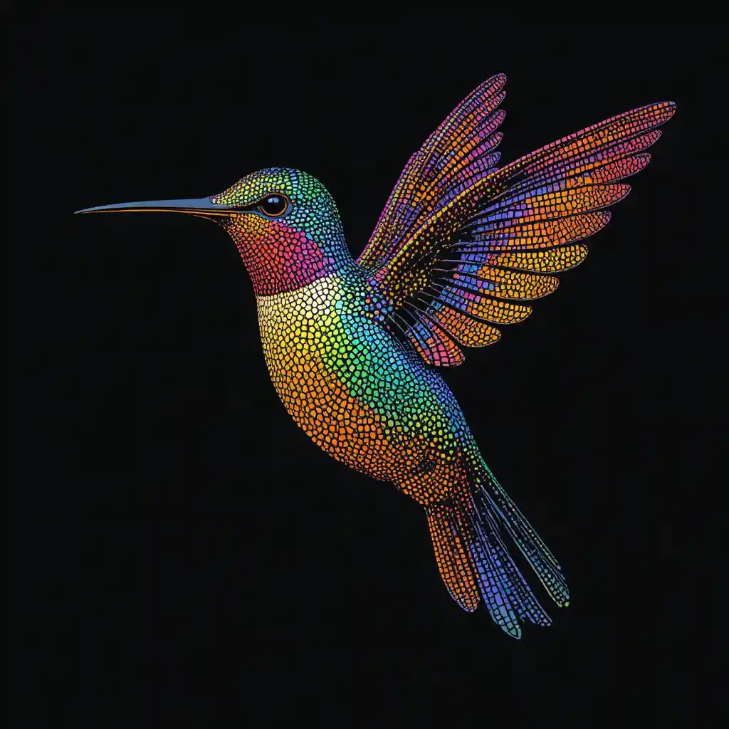 Colibrì in arte a puntini colorata su sfondo nero profondo