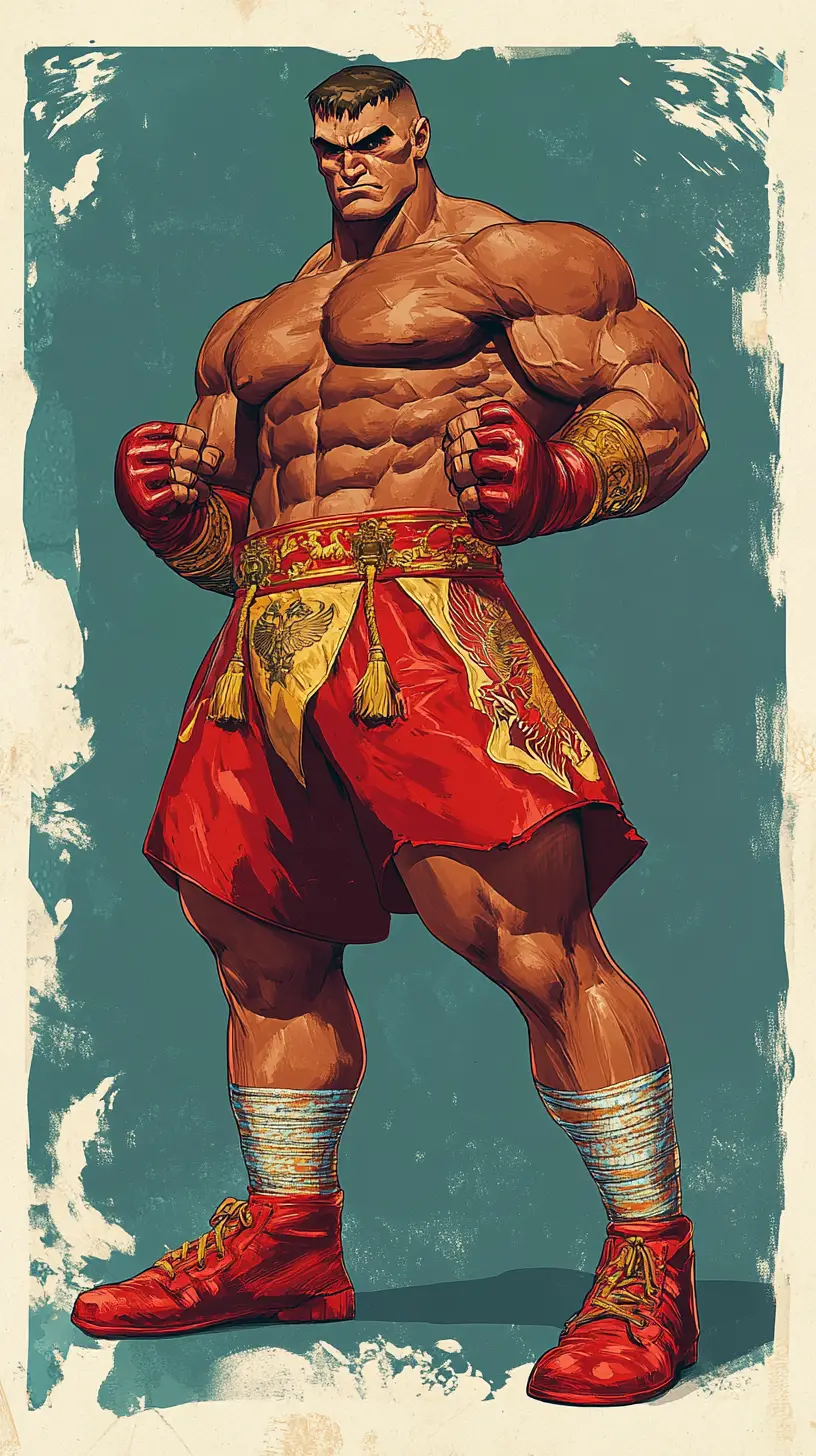 Enormous Russian wrestler in anime street fighting stance