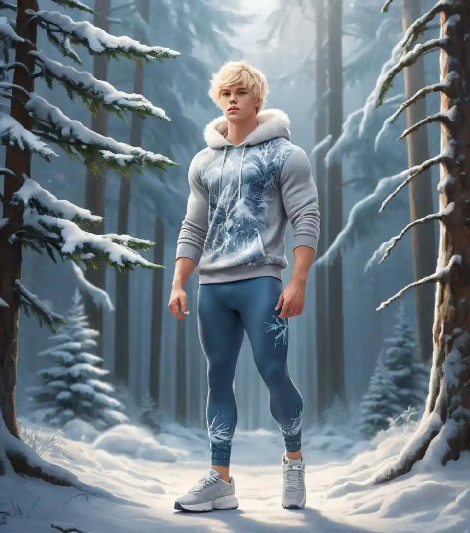 Giovane runner bionda con leggings in pile che cammina nel bosco invernale