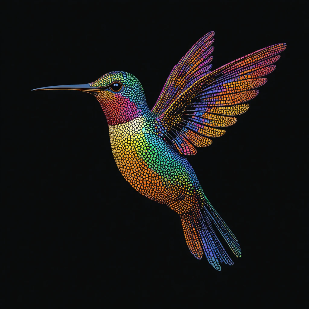 Colibrì in arte a puntini colorata su sfondo nero profondo
