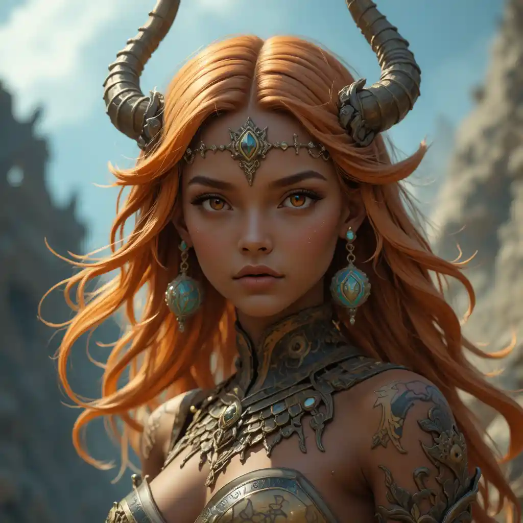 Bronzed goddess of righteous anger with light orange hair
