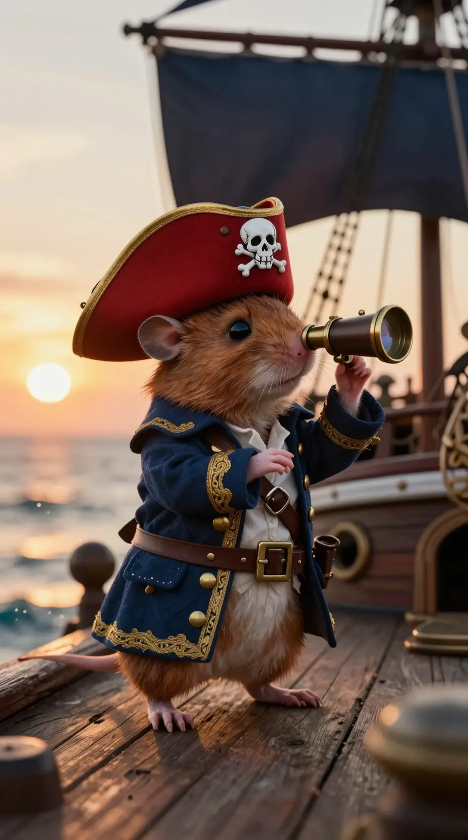 Tiny pirate mouse captain on a sunset ship deck