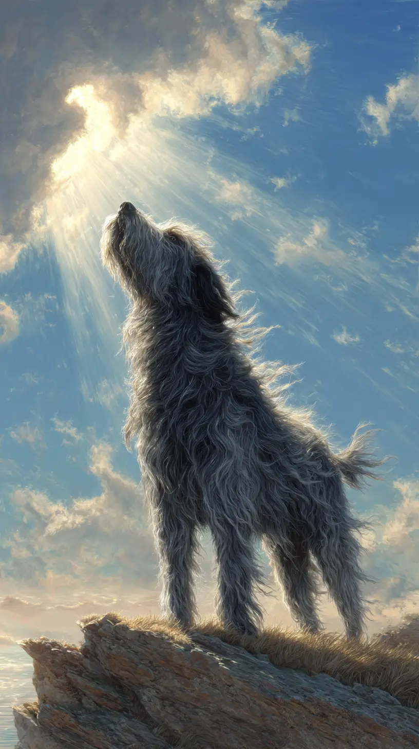 Shaggy dog on a cliff under radiant heavenly sunlight