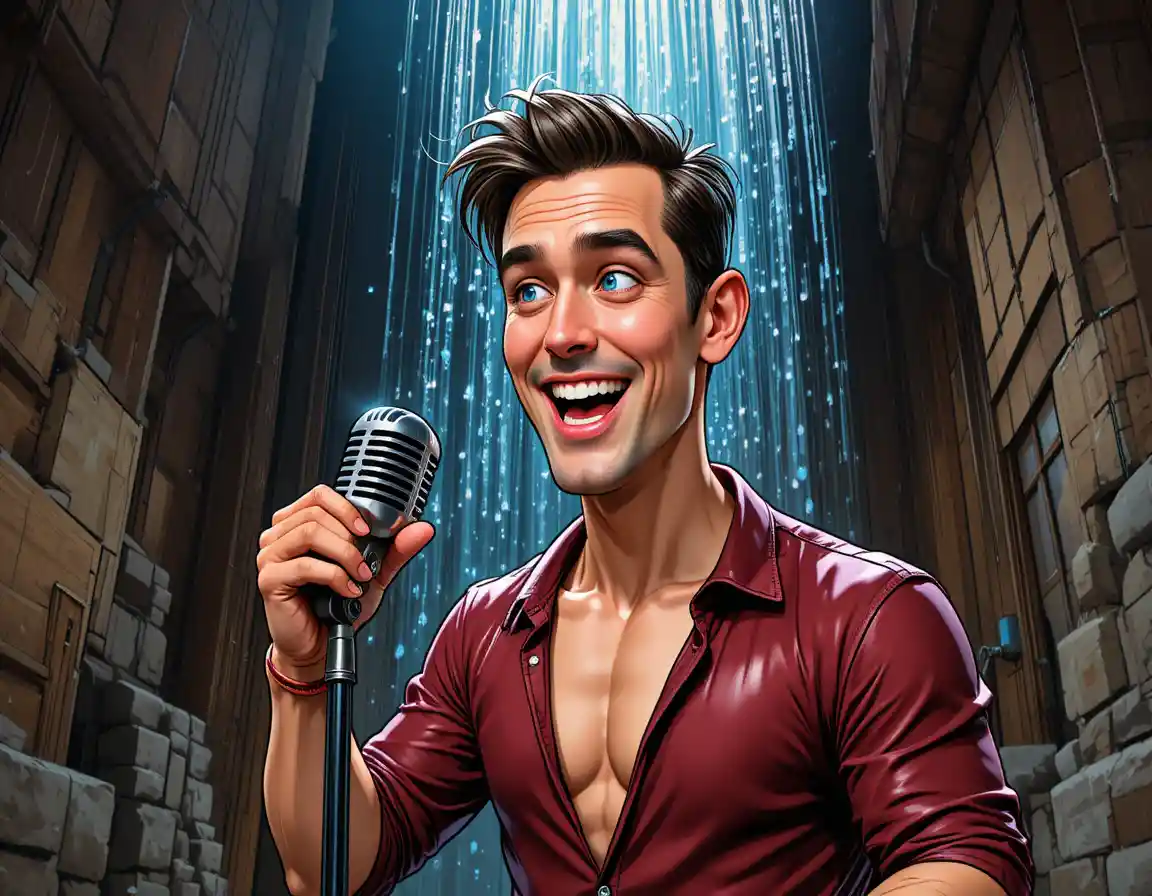 Joyful middle aged man singing on theater stage