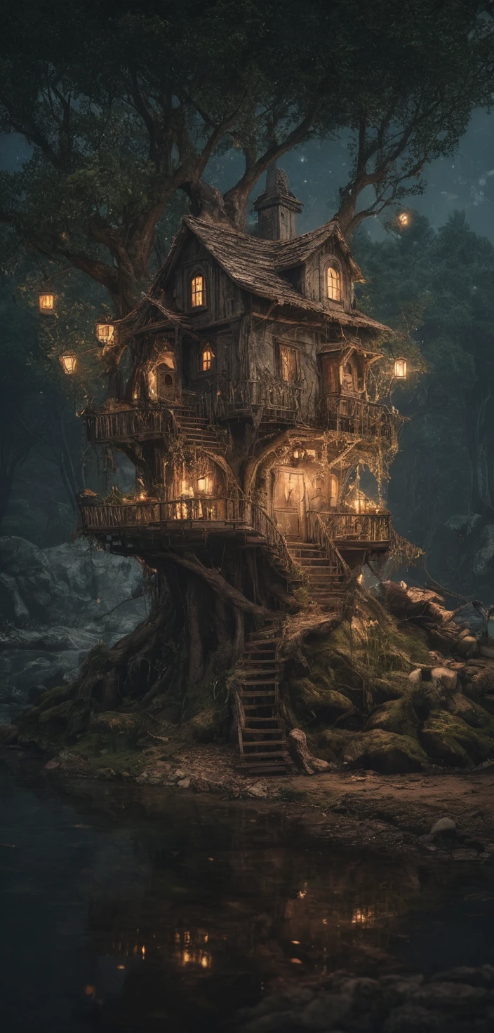 Traumhaftes Fantasy-Baumhaus, das an einem nächtlichen Fluss leuchtet