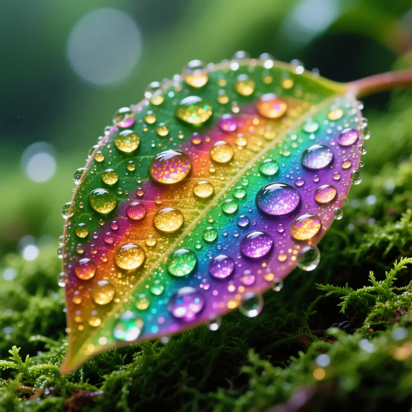 緑の苔の上のきらめく雨粒をまとった色鮮やかな葉
