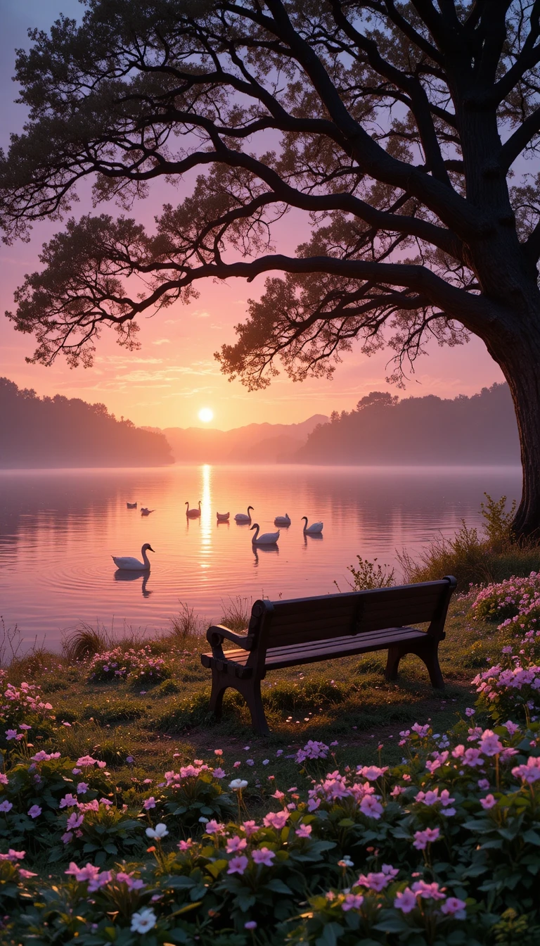 Sunrise lake with swans, ducks and an old wooden bench