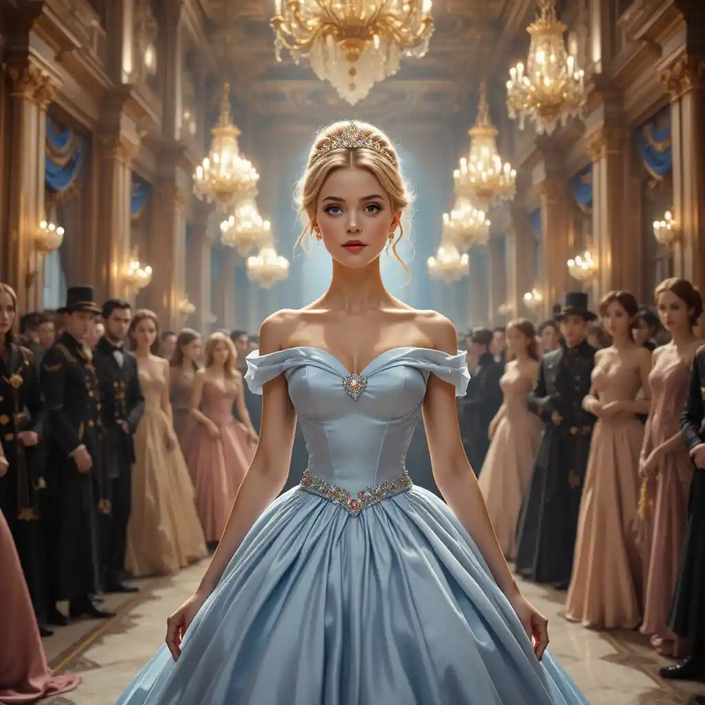 Young blonde heroine in blue gown in a grand ballroom