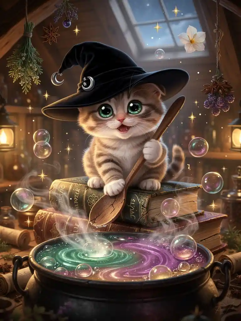 Tiny witch kitten stirring a glowing magic cauldron