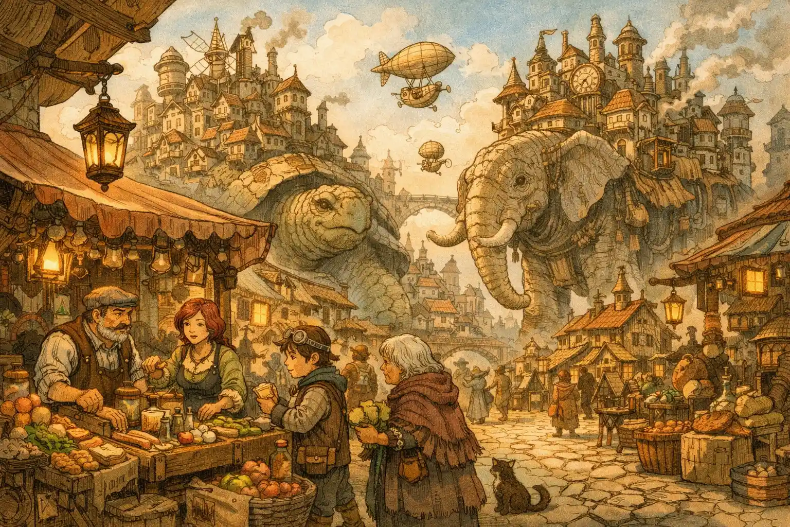 Whimsical steampunk city atop gentle giants at sunset