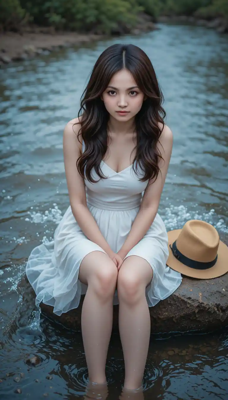 Young woman in white dress sitting on a river rock