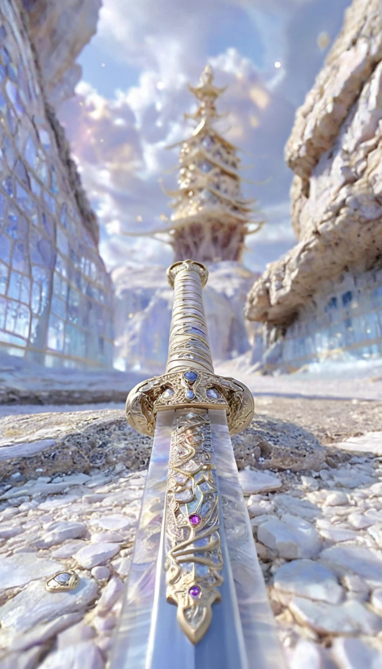 Glassy sword standing in rocky landscape under blue sky