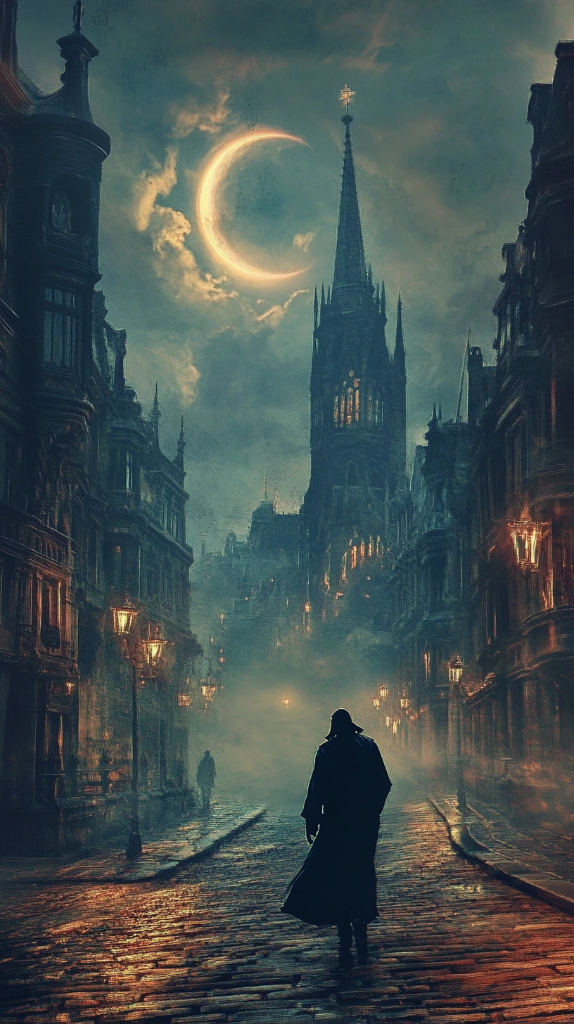 Figura solitária em rua vintage enevoada ao anoitecer