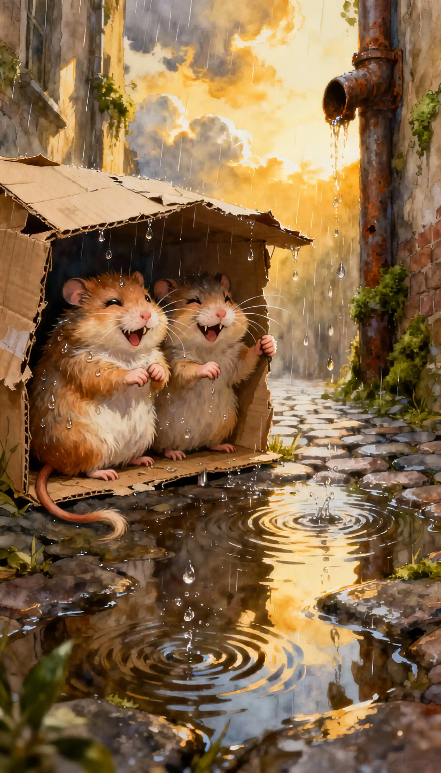 Dos hámsters felices refugiándose de la lluvia en un callejón soleado