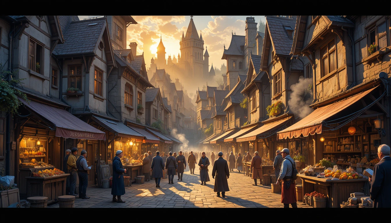 Cozy fantasy village square at golden hour with busy merchants