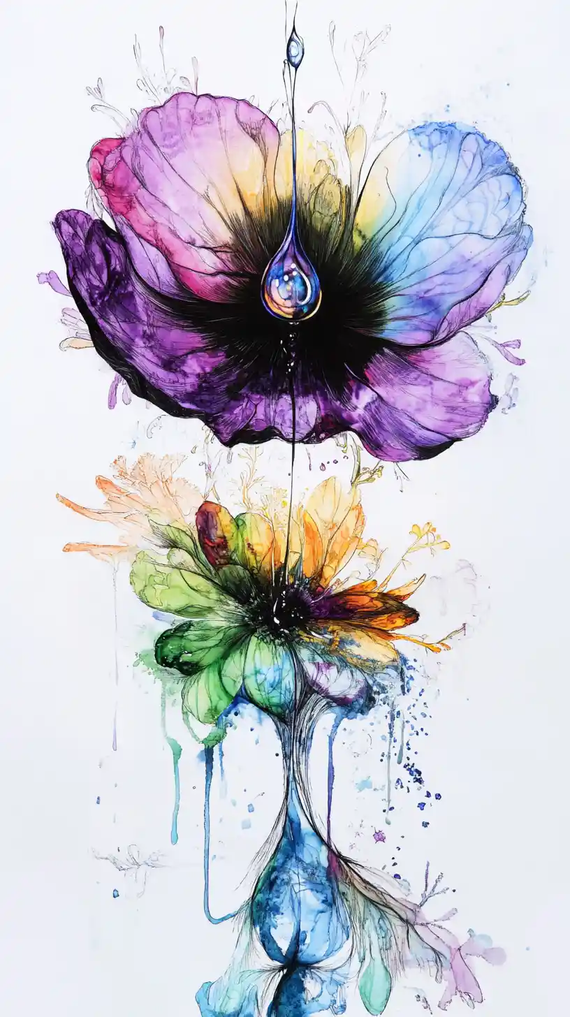 花瓣上方漂浮水滴的超現實墨水藝術