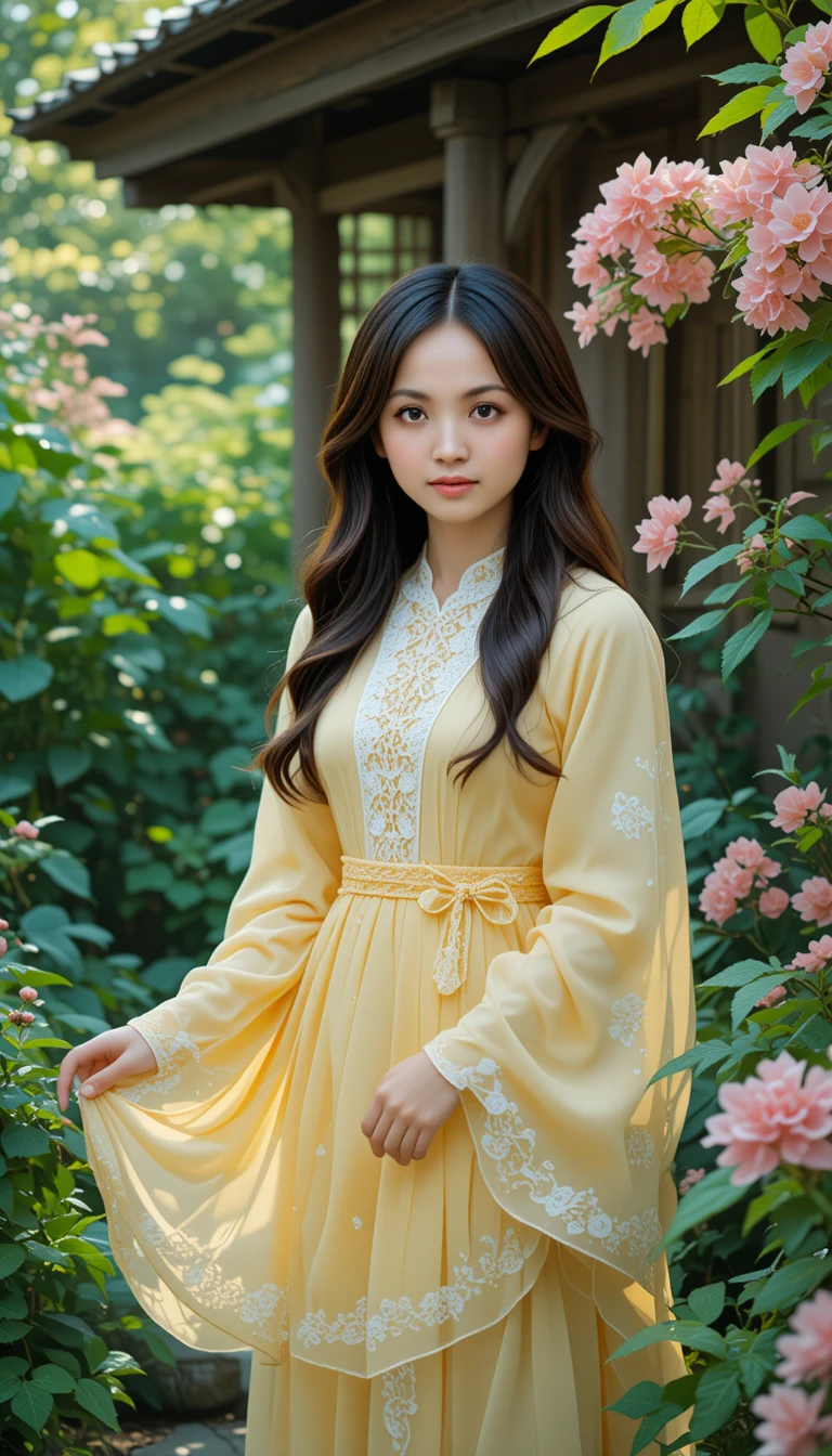 Smiling young woman in yellow dress among garden flowers