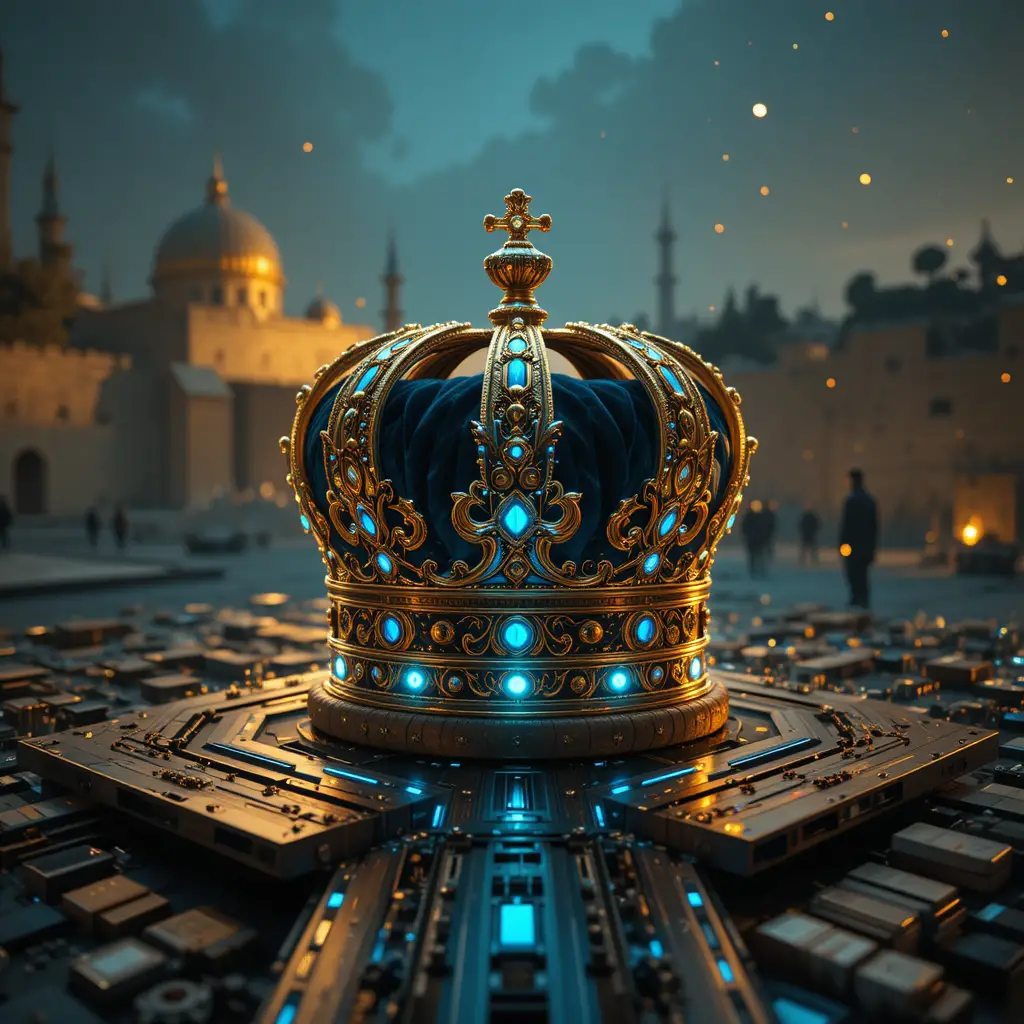 Majestic cyber crown resting on a futuristic motherboard