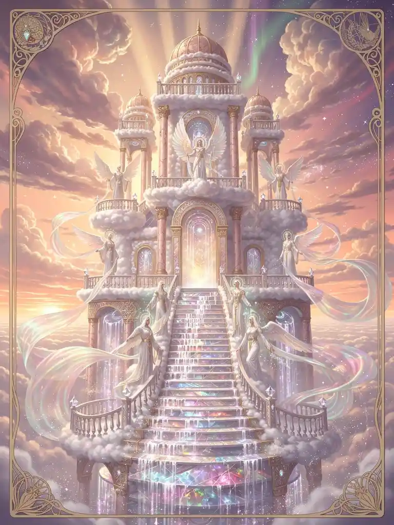 Ethereal Cloud Palace Rising In Endless Sunset Sky