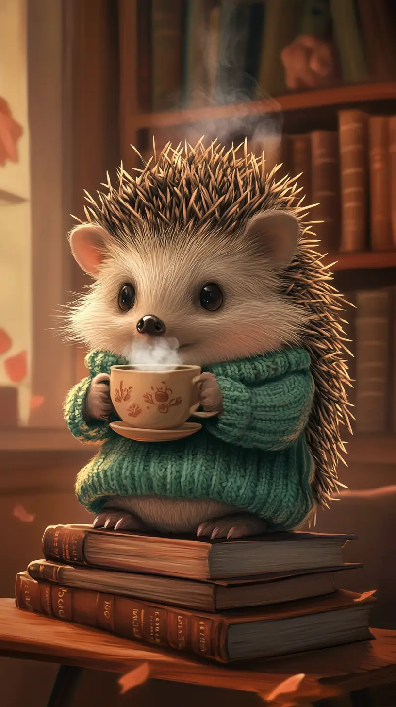 Cute hedgehog in sweater reading with tea indoors