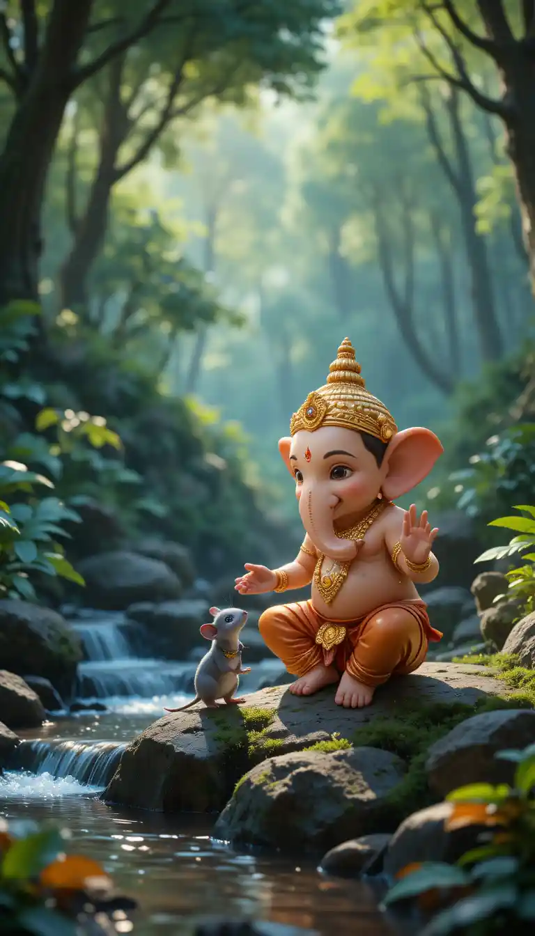 Jovem Ganesha com rato em cena de floresta luminosa