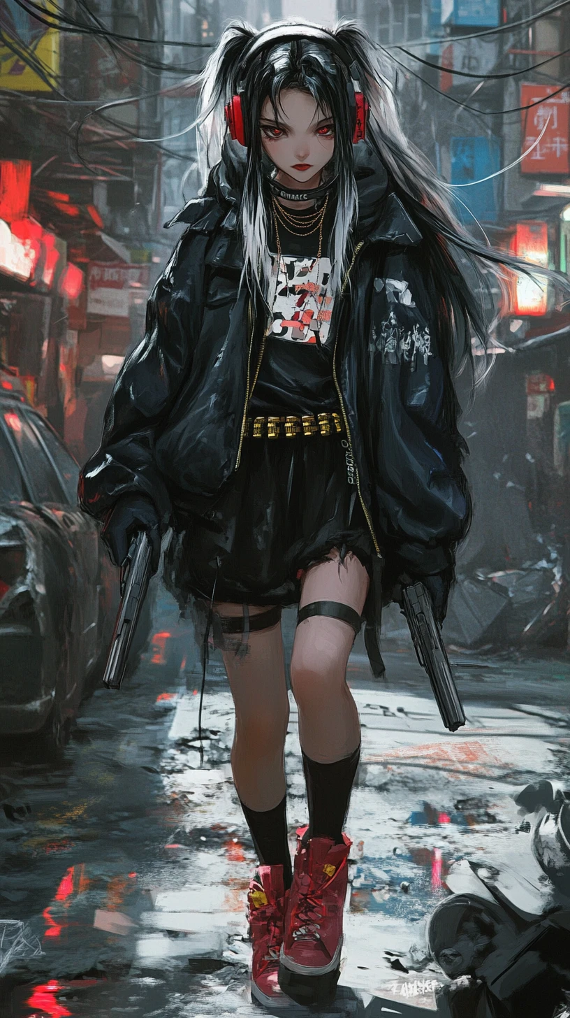 Anime girl walking through neon ruined city street