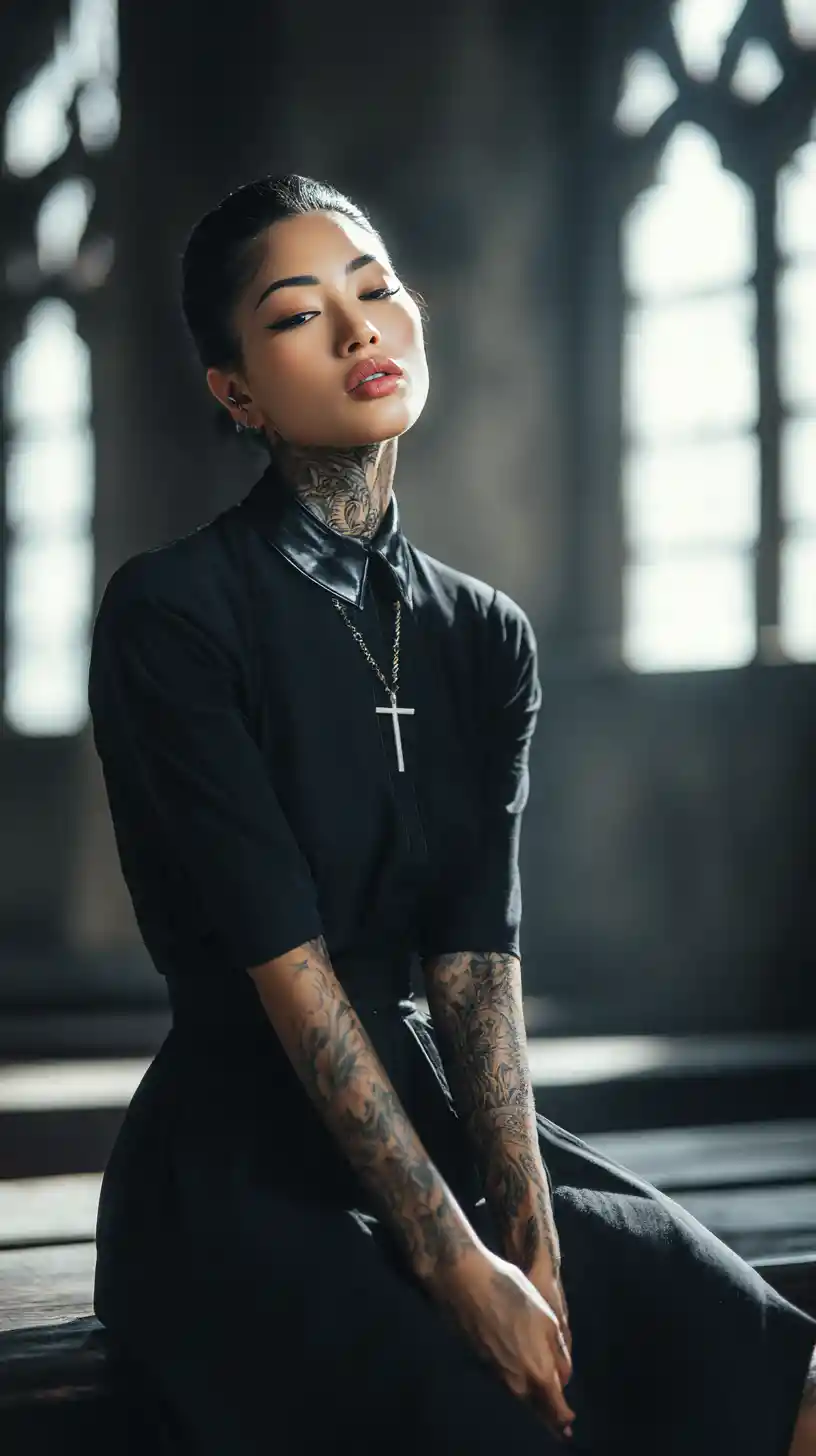 Mujer tatuada con vestido negro sentada sola en la iglesia
