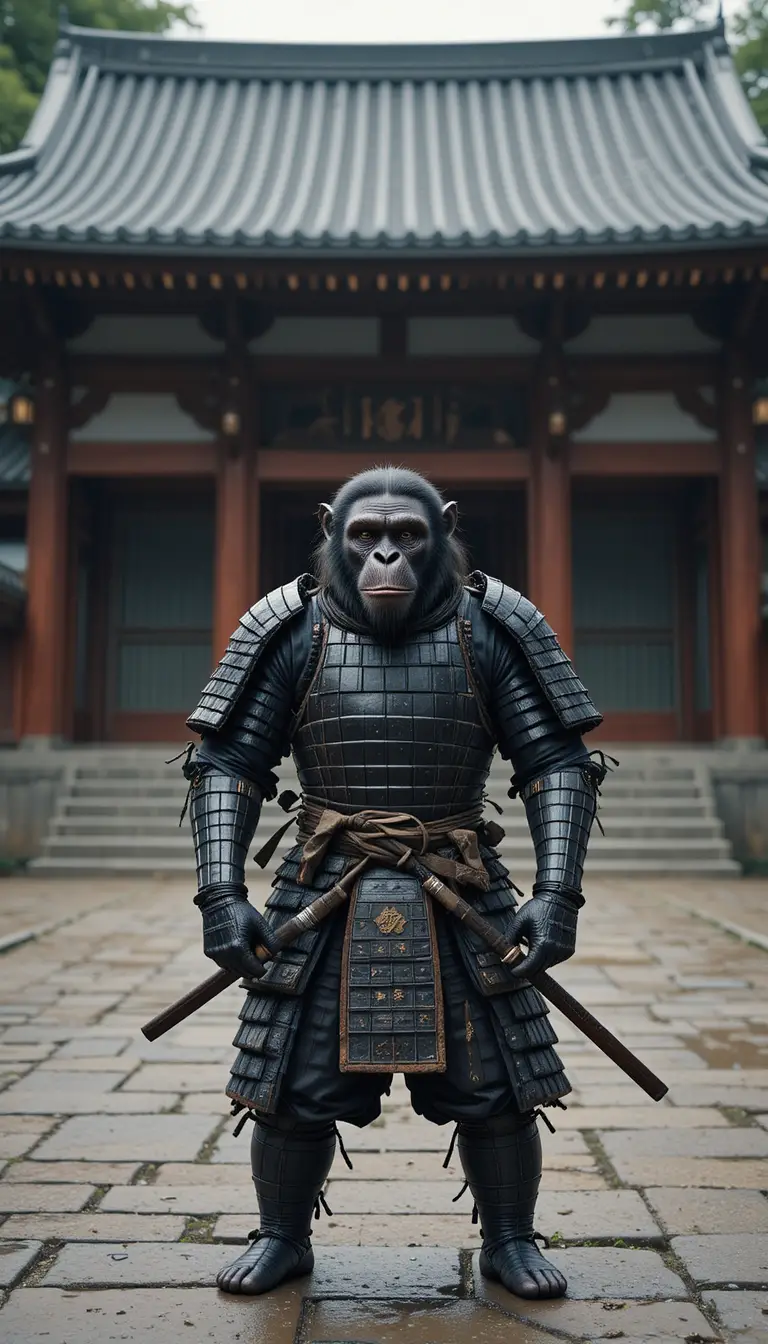 Samurai Chimpanzee Guarding A Serene Japanese Temple Entrance