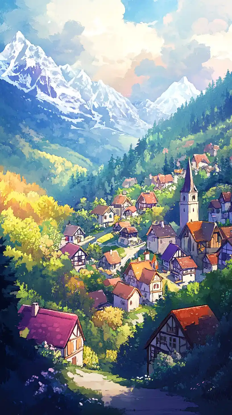 Whimsical Animal Village In A Medieval Anime Landscape