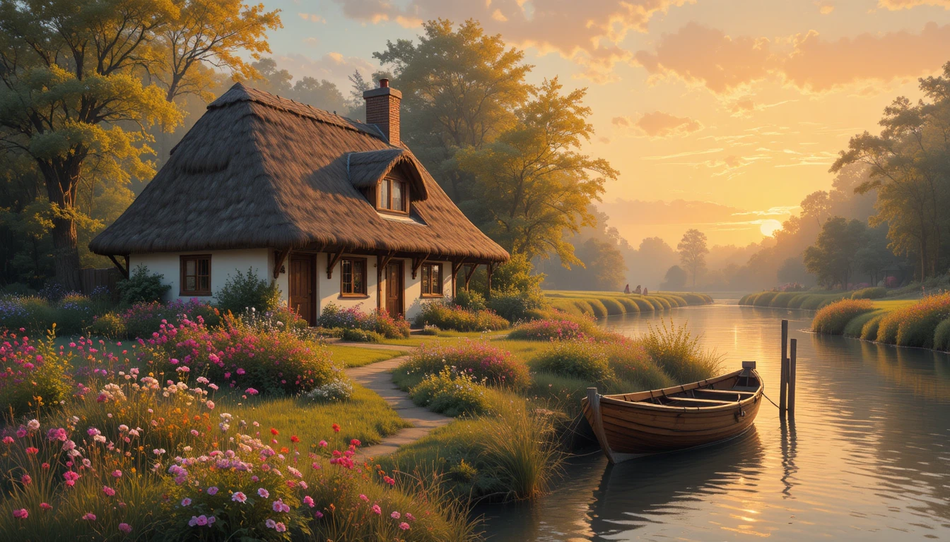 Cozy riverside cottage at sunset in warm golden light