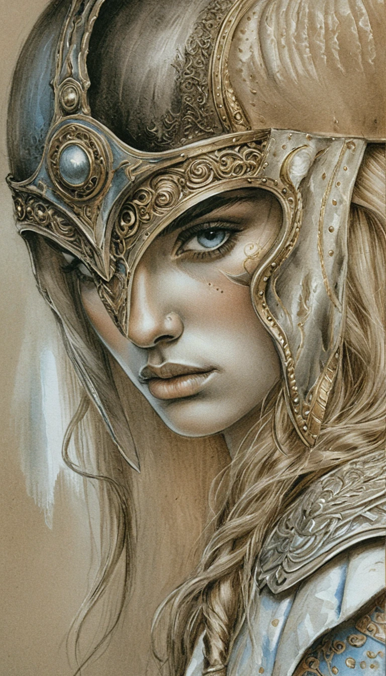 Fierce female warrior portrait in ornate blue and gold helm