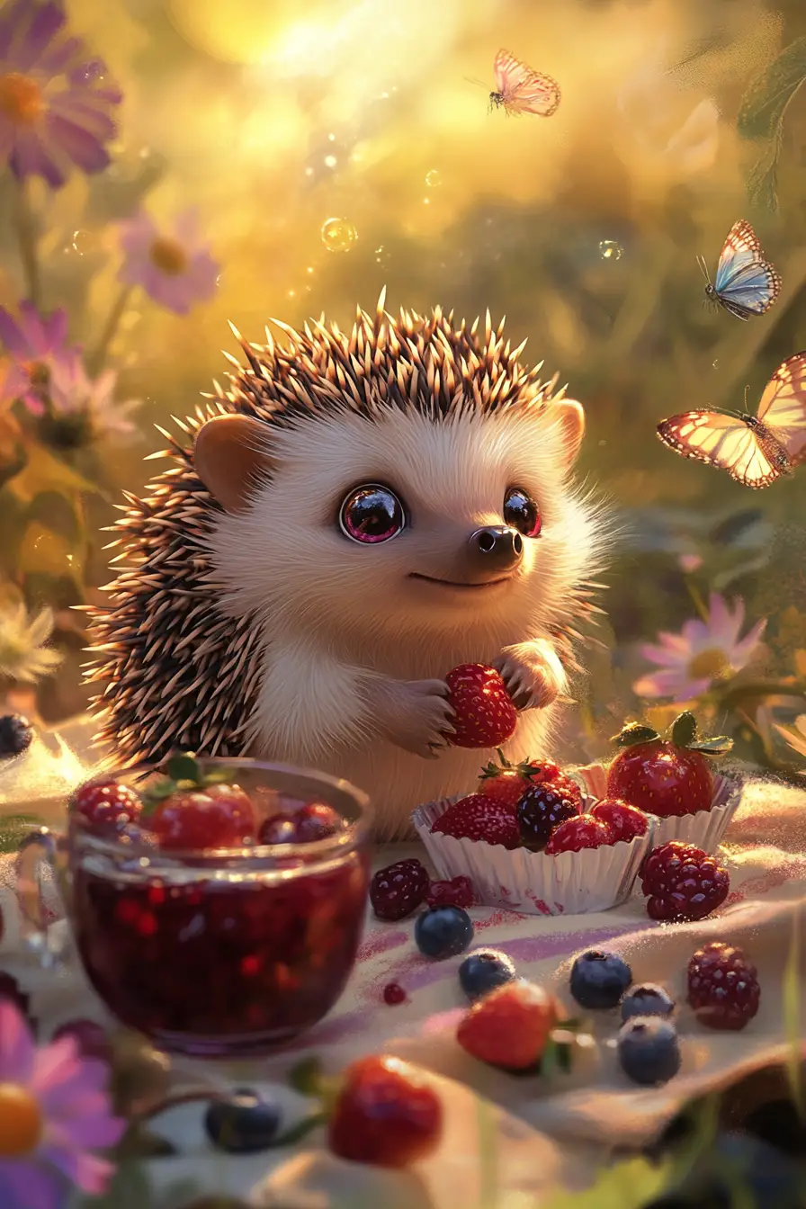 Cute Baby Hedgehog At A Magical Berry Picnic
