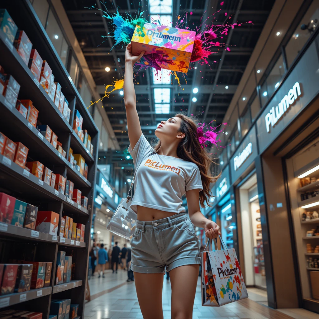 Woman reaching for top shelf box in shopping mall