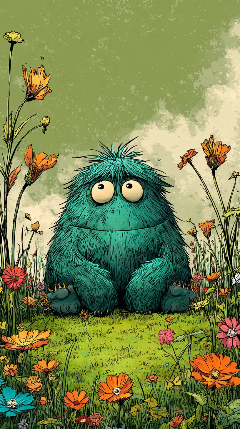 Niedliches pummeliges Monster sitzt in einer bunten Blumenwiese
