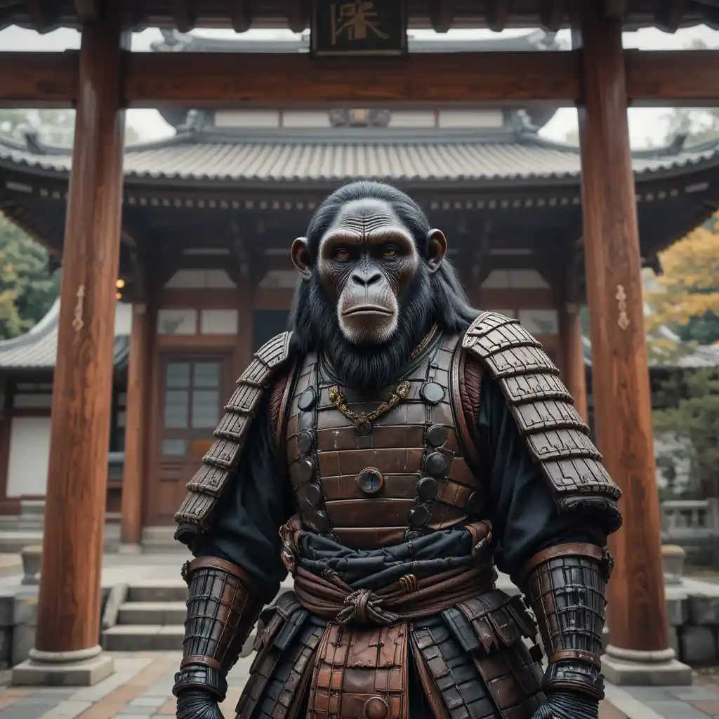 Scimpanzé samurai che sorveglia l’ingresso di un antico tempio giapponese