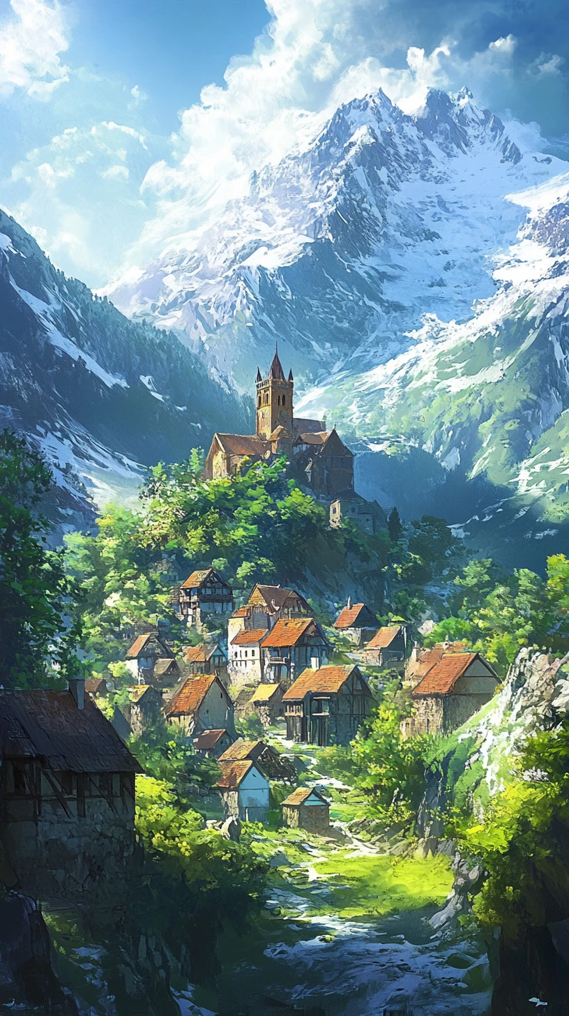 Fantasiendorf und Schloss in friedlicher Berglandschaft