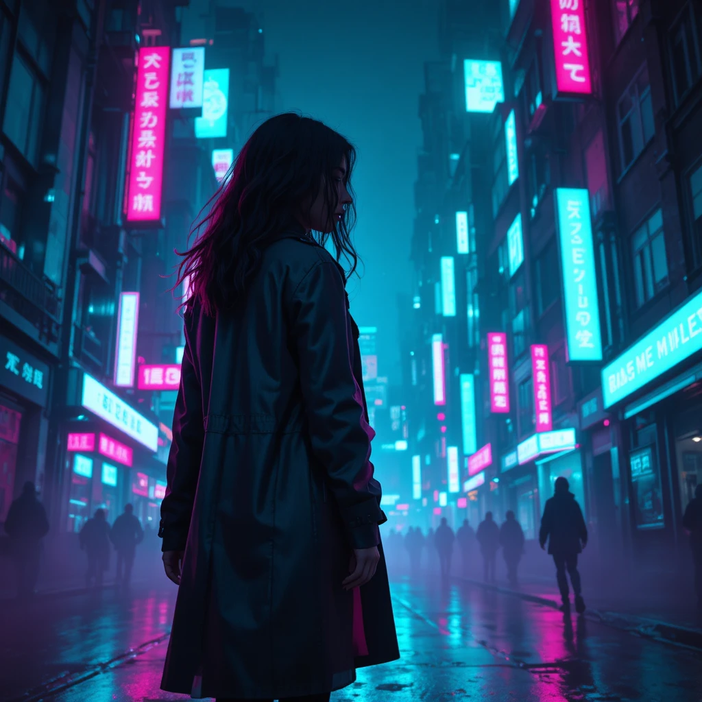 Mysterious Woman In Trench Coat Under Neon City Lights