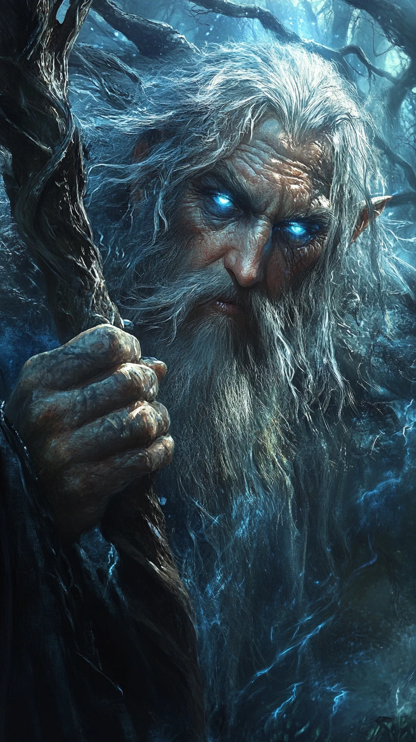 Wizard channeling magic through a staff in dark forest