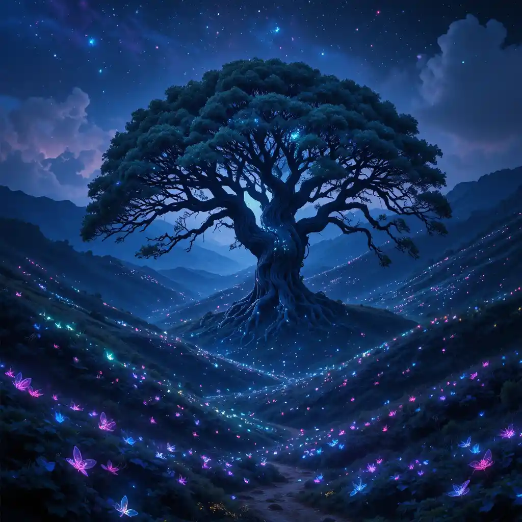 Ancient tree glowing with bioluminescent insects in a valley