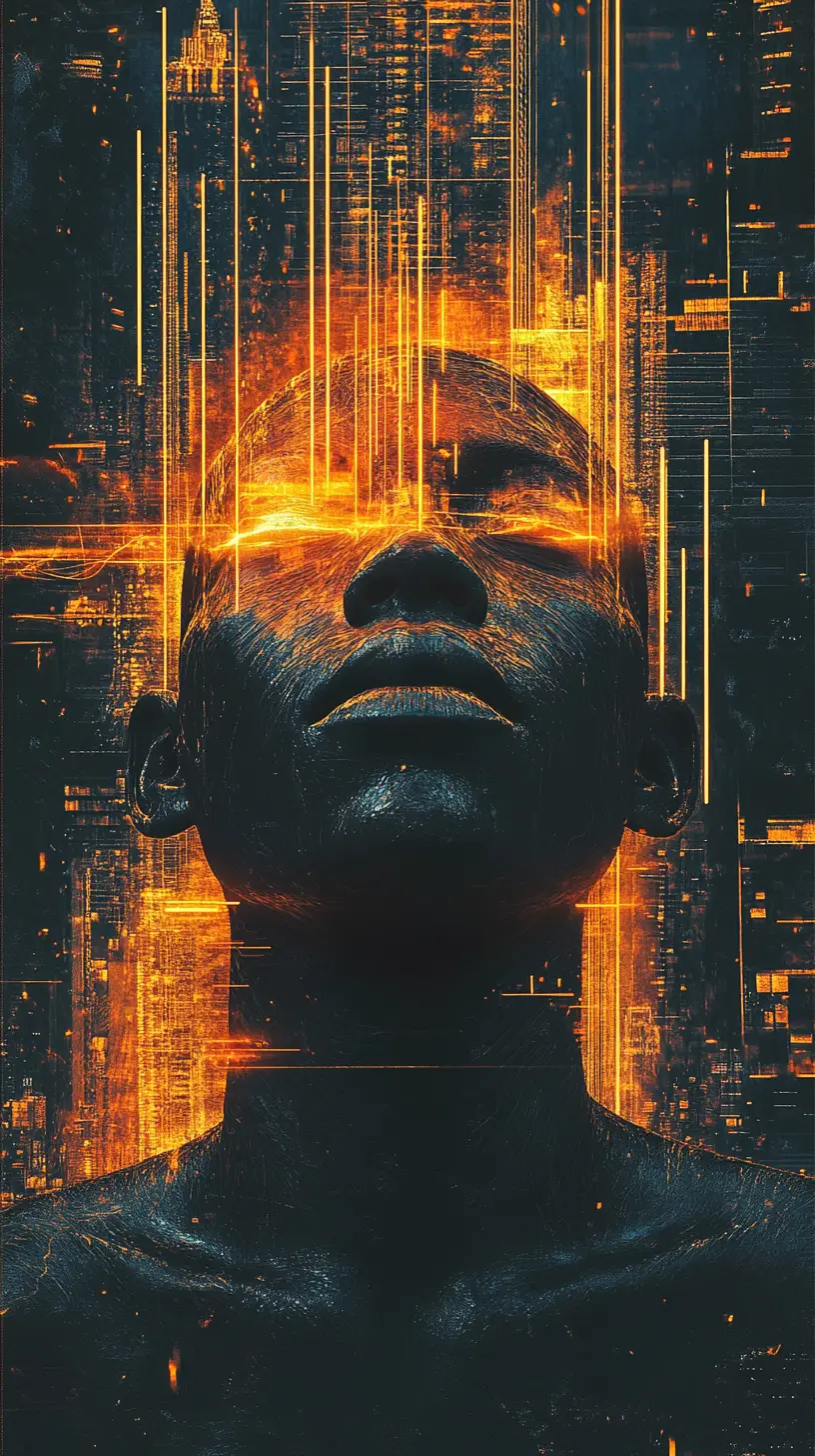 Faceless metallic figure with golden lines in cyberpunk city