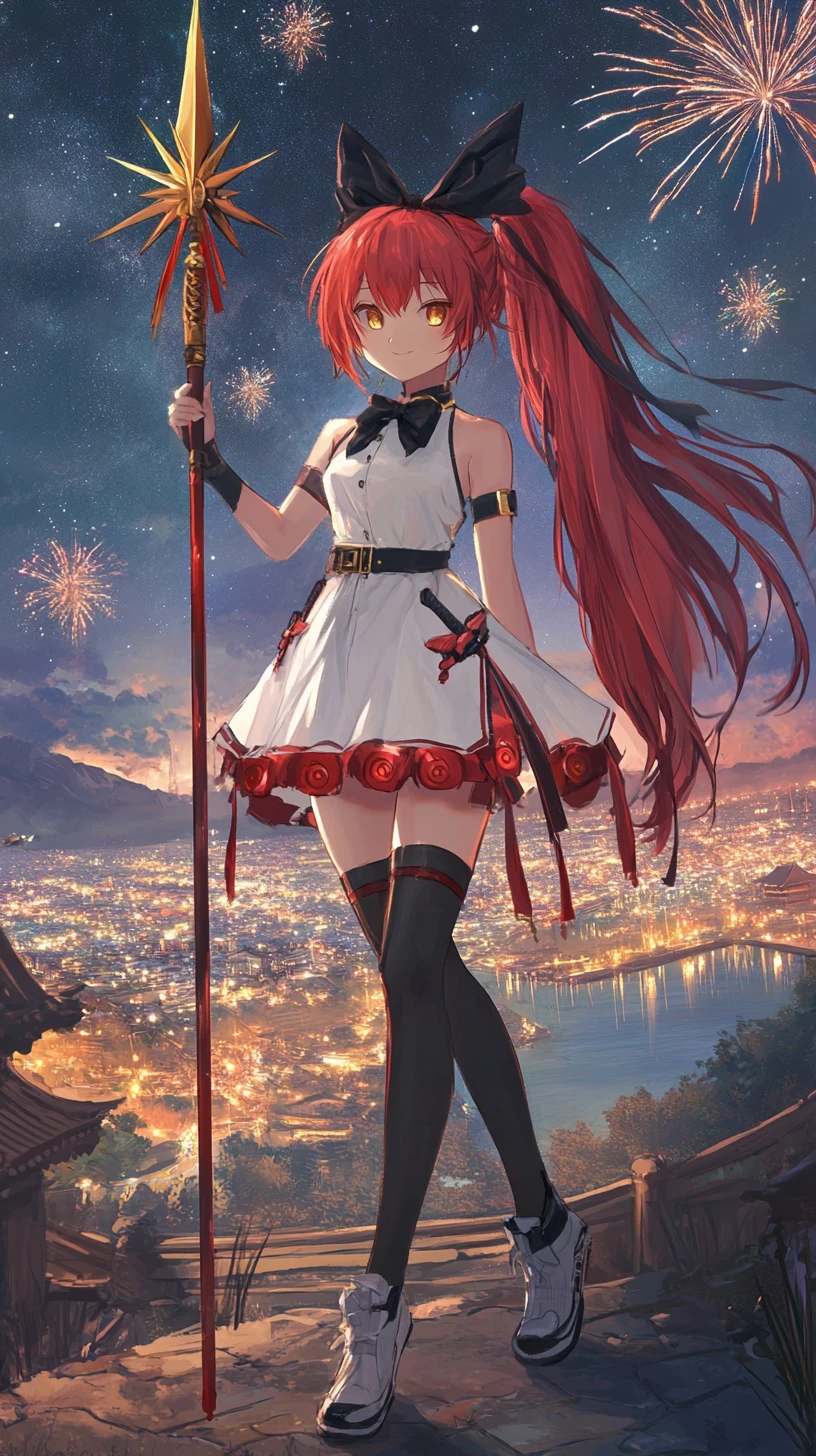 Chica de anime con lanza contemplando fuegos artificiales en el templo