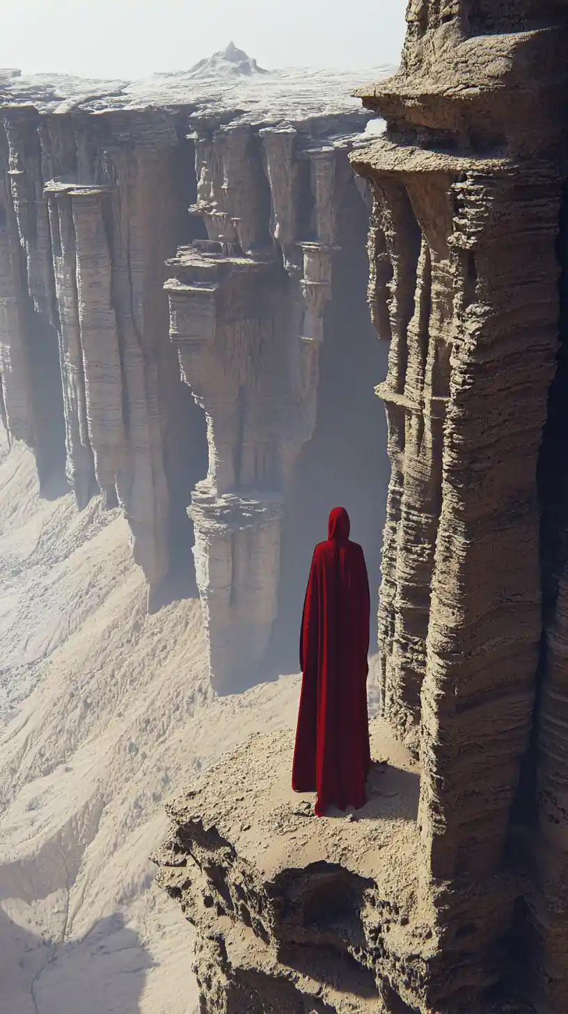 Woman In Red Robe On Cliff Facing Alien Structures